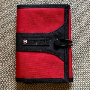 Wenger men vegan leather RED black tri fold travel passport wallet credit card